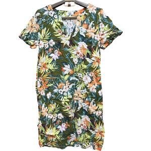 Capture Women Dress Size 10 Green Orange Yellow Floral Linen Blend Pockets